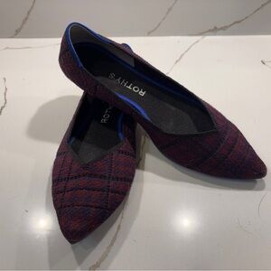 Rothy’s Plaid Knit Pointed Toe Flats Burgundy Navy